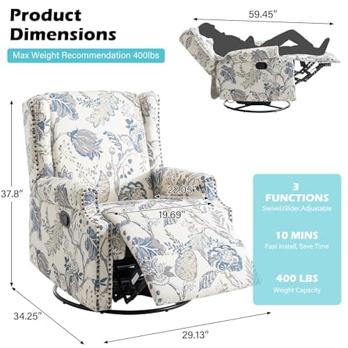 Swivel Glider Floral Recliner Chairs Set of 2, High Back Swivel Rocker Fabric Accent Chair for Living Room, Rivet Trim Upholstered Armchair Manual Sofa Seating - Plants Blue