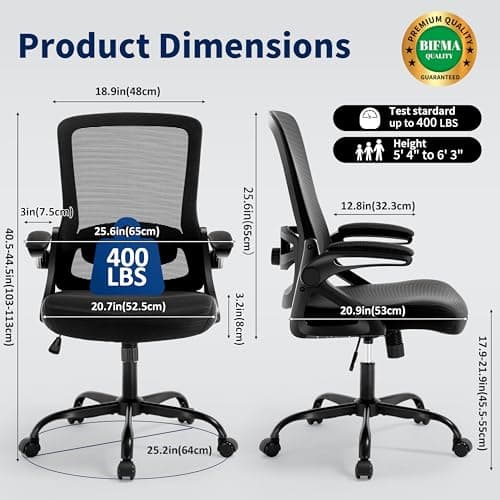 Ergonomic Office Chair, Desk Chair with Adjustable Lumbar Support, Breathable Mesh Comfy Computer Chairs with Flip-up Armrests Executive Task Chair for Adults Home Office(Black)