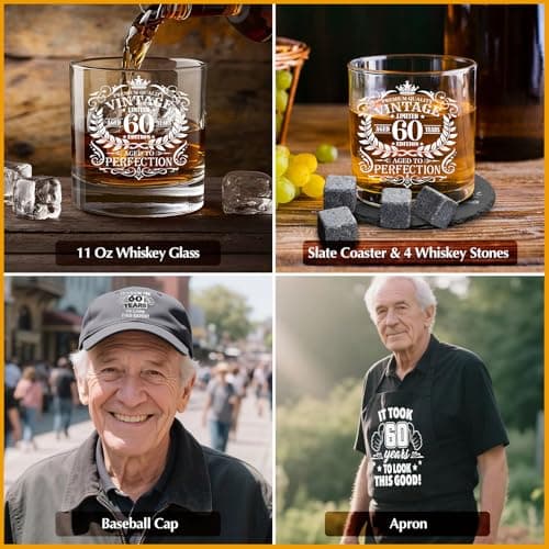 60th Birthday Gifts for Men Whiskey Glass Set, 60th Birthday Party Supplies with 11 Oz Whiskey Glass Coaster Stone Baseball Cap Apron Sock Funny Toilet Paper Keychain for Him, Dad, Husband, Friends