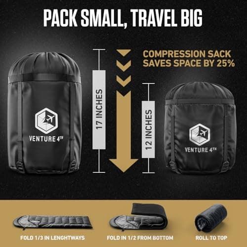 VENTURE 4TH Backpacking Sleeping Bag – XXL, Double and Single Sizes - Lightweight Warm & Cold Weather Sleeping Bags for Adults, Kids & Couples – Ideal for Hiking, Camping & Outdoor Adventures