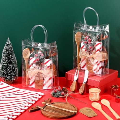 6 Set Christmas Kitchen Gifts Wood Cheese Board Fork Spoon Butter Spreaders Dish Cloth Thank You Card Ribbon and Gift Bags for Merry Christmas Cooking Serving Xmas Utensils Gifts (Reindeer)