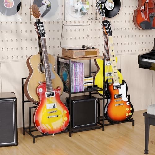 VGMiu Guitar Rack Multi Guitar Stand for Multiple Guitars, Multiple Guitar Rack Holder with 3 Tier Shelf for Acoustic, Electric Guitar, Bass, Record Player, Guitar Display Stand for Home Music Studio