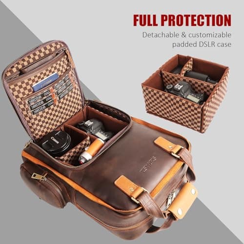 STAR VISTA Bernini Vintage Full Grain Leather Camera Backpack for DSLR/SLR, Camera Case for Photographers, with Tripod Holder, Fits 15.6" Laptop, Casual Outdoor Rucksack, YKK Zippers