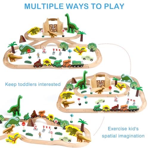 Wooden Train Set, Dinosaur Toys for Kids 3-5, Compatible with Major Brands, STEM Railway Playset, Ideal Wooden Train Track Set for 3 4 5 6 7 8 Year Old Kids Boy Girl