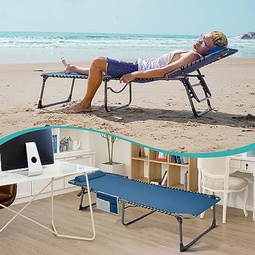 #WEJOY Folding Lounge Chair Outdoor, 5-Position Adjustable Sunbathing Tanning Chair with Shoulder Strap & Side Pocket, Heavy Duty Reclining Chair for Patio Pool Camping, Portable Folding Bed Cot,Blue