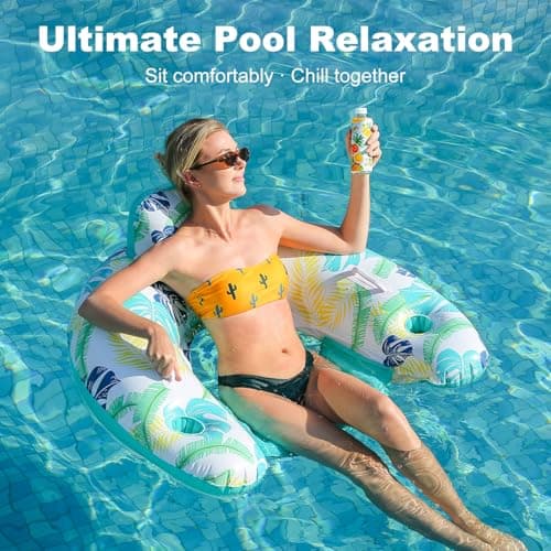 2 Pack Inflatable Pool Float Chair, Floating Pool Chair Adults Pool Lounger Float with Cup Holder & Handles Water Floats for Adults Lake Chair Floats for Swimming Pool River Beach Party