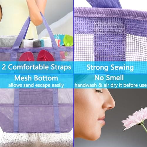 Fammart Mesh Beach Bag with Zipper, Large Beach Tote for Women, Toys Pool Swim Bag Travel Vacation Cruise Essentials