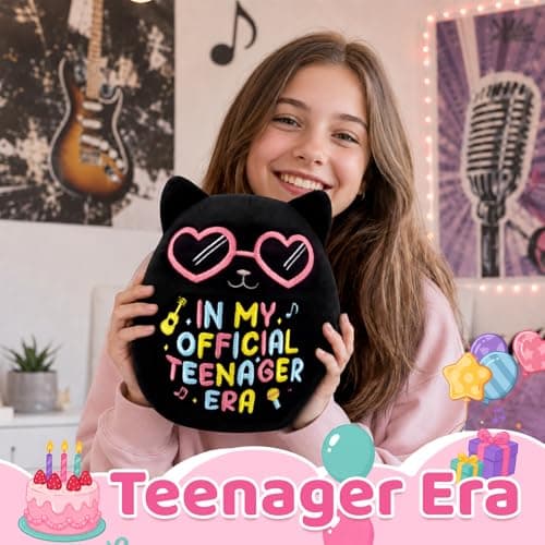 In My Official Teenager Era Gifts, 8" Soft Cute Plushie for Teens Birthday Party Decor 13 Year Old Girl Gifts, Black Cat Birthday Stuffed Animal B0GYX9123J