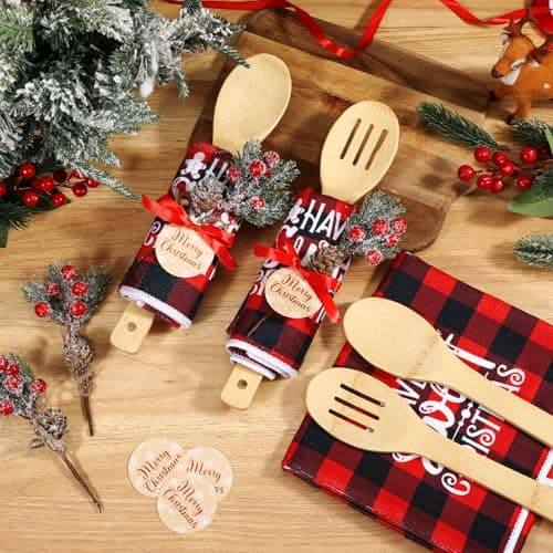 Pinkunn 8 Set Christmas Kitchen Gifts Bulk Xmas Dish Towels and Wooden Spoons Pine Picks Thank You Tag Ribbon Holiday Cooking Utensils Housewarming Gifts for Neighbor Employee Kitchen Xmas(Festive)