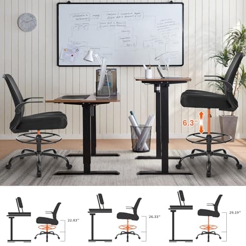 Drafting Chair for Standing Desks, 500LBS Capacity Tall Office Chair with Adjustable Height, Foot Ring, Flip-Up Armrests, Thick Curved Seat for Home Office, Drawing, and Creative Work