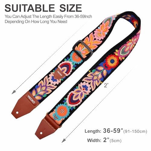 YIKOKO Guitar Strap，2 inch Flower Knit Cotton Guitar Straps with Full Grain Leather End, for Bass Electric and Acoustic Guitars, Free Strap Button, 2 Strap Locks and 4 Guitar Picks