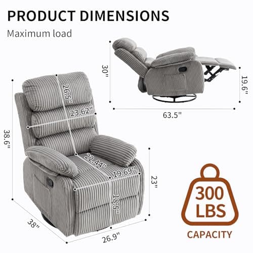 Plush Premium Velvet 360° Swivel Rocker Recliner Chair - High Back Glider with Generous Footrest, Supportive Armrests & Side Pocket for Nursery, Living Room & Small Spaces Grey
