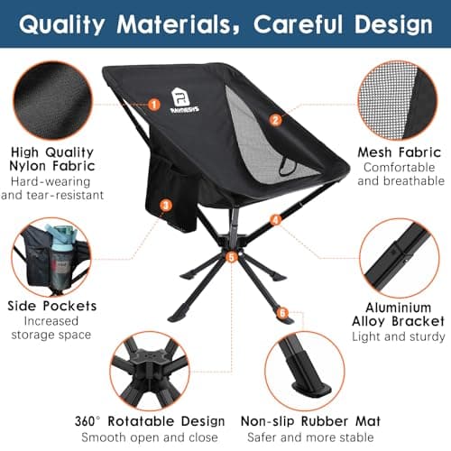 Raynesys 1 Pack Portable Camping Chair, Flexible 360° Rotation, Easy Carry, 8 Seconds Quick Setup Folding Camping Chair, 3.8Lb Lightweight Folding Chairs for Hiking, Beach, Sporting, Travel