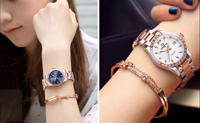 LOREO Women's Diamond Automatic Mechanical Rose Gold Stainless Steel Sapphire Waterproof Lady's Elegant Blue Watch