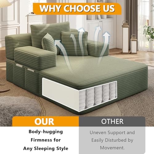 HRVEOCEI 60 Inch Oversized Chaise Lounge Chair Indoor, Corduroy Boneless Chaise with Armrests & Backrest /2 Pockets /3 Pillows, Lounge Sofa Bed for Adults Living Room (Green)