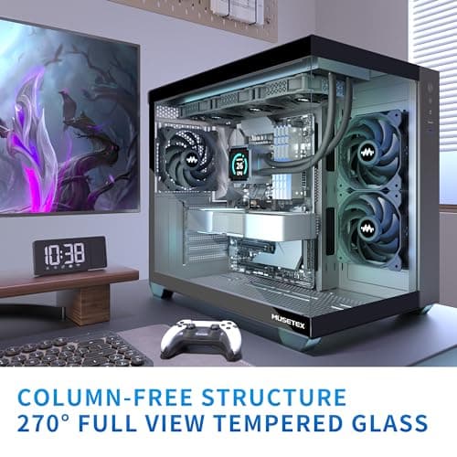 MUSETEX ATX PC Case, 3 x 120mm Fans Pre-Installed, 360MM RAD Support, 270° Full View Tempered Glass Gaming PC Case with Type-C, Mid Tower ATX Computer Case, Black, Y6