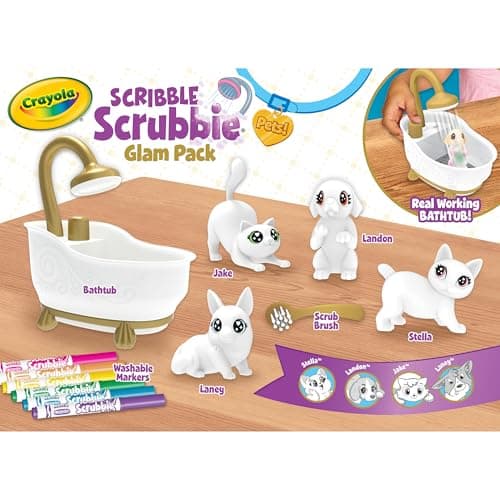 Crayola Scribble Scrubbies Glam Pack (4 Pets), Holiday for Kids, Washable Pet Care Toy, Coloring Animal Craft, Stocking Stuffer Toys for Girls & Boys, 3+