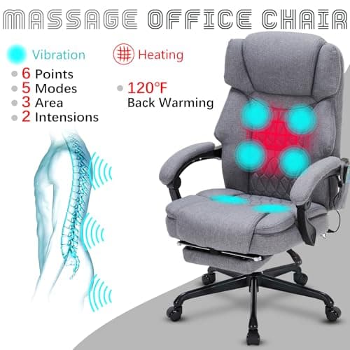 Massage Office Chair with Heat,Reclining Office Chair with Foot Rest,6 Points Vibration Home Desk Chairs for Heavy People 400lbs,Ergonomic Managerial Executive Chair (Grey)