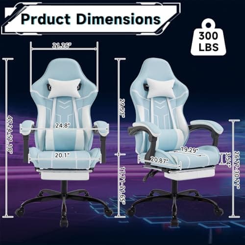 Gaming Desk Chair for Adults, Ergonomic Gaming Chair with Footrest & Headrest and Lumbar Support, Leather Material Height Adjustable Computer Video Game Chairs (Blue+White)
