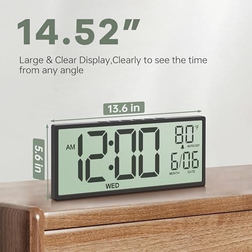 JALL 14.5" Large Digital Wall Clock Battery Operated with Big Digits LCD Screen Display, Day, Date, Alarm, Auto DST, Temperature for Living Room, Bedroom, Desk Decor, Mounted, Gift for Elderly
