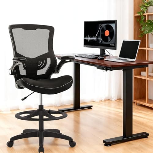 BestOffice Drafting Chair Ergonomic Tall Office Chair Standing Desk Chair with Flip Up Arms Foot Rest Back Support Adjustable Height Mesh Drafting Stool, Dark Black