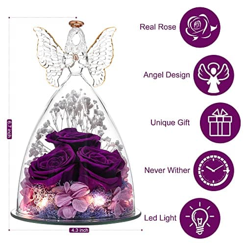 Christmas Rose Gifts for Women Preserved Real Flower in Glass Angel Figurines Roses for Delivery Prime Birthday Gifts for Mom Grandma Girlfriend Wife Her - Purple