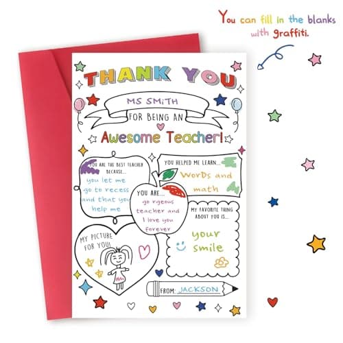 Fill in the Blanks,Teacher Thank You Gifts Idea from Kids Students with Envelopes,Premium 8x5.3 Inch Cardstock,Blank Inside Hongshan Thank You Card for Teacher,Funny Appreciation Card Gift Decoration B0DQC6YMVT