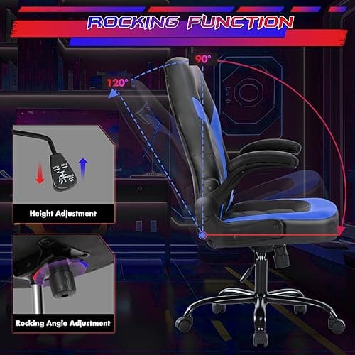 Sweetcrispy Computer Video Game Chair - Ergonomic Home Office with Comfy Lumbar Support, PU Leather Height Adjustable with Flip-up Armrest and 360° Swivel Wheels, Blue, for Adults, Teens