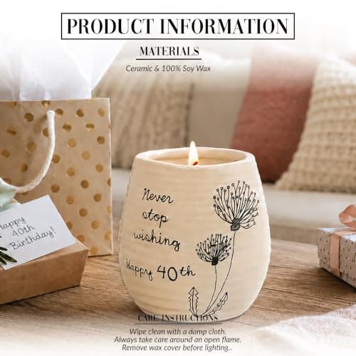 Pavilion Gift Company Never Stop Wishing Happy 40th Birthday - 8 oz Soy Wax Candle with Wick in A Yellow Ceramic Vessel 8 oz-100 Scent: Serenity, 3.5 Inch Tall