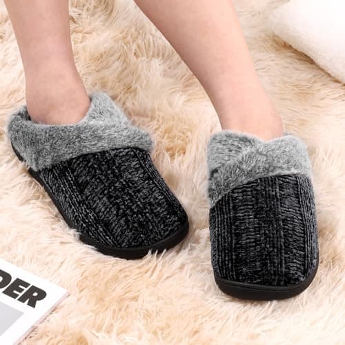 Homitem Slippers for Women Fuzzy House Slip on Indoor Outdoor Bedroom Furry Fleece Lined Ladies Comfy Memory Foam Female Home Shoes Anti-Skid Rubber Hard Sole