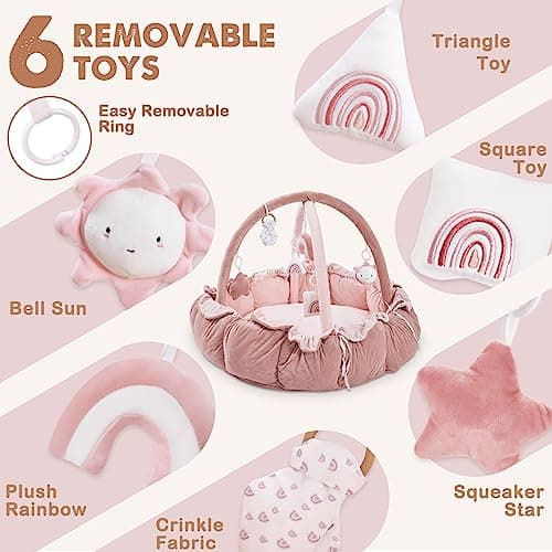HAN-MM 5-in-1 Convertible Baby Play Gym with 6 Toys, Tummy Time Mat for Sensory Development, Baby Activity Center from Newborn to Toddler, Ball Pit, Soft Plush Pet Mat, Pink