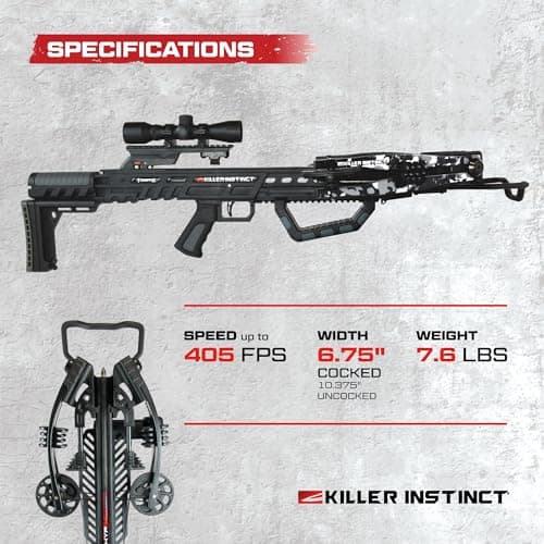 Killer Instinct TEMPR-X Crossbow Kit 405 FPS 195 LB Draw Weight - X CAM Synchronized Design with Lumix 4x32 Scope and Anti-Dry Fire Safety