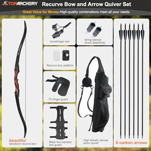 TOPARCHERY Archery 60" Takedown Hunting Recurve Bow and Arrow Set for Adults Practice Competition Longbow Kit 30-50lbs with 6pcs Arrows Right Hand Black