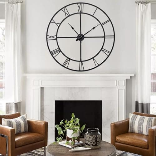 Ohweog Large Wall Clock for Living Room Decor – 32 Inch Silent Non-Ticking Modern Farmhouse Wall Clock, Oversized Decorative Metal Roman Numeral Clock, Black