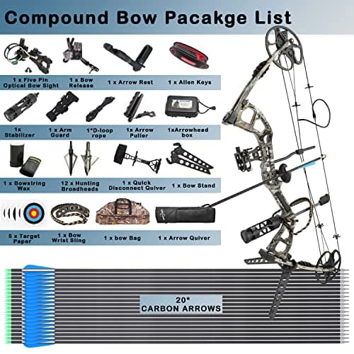 Compound Bow Kit, Hunting & Targeting, Limb Made in USA, Draw Weight 0-70 lbs Adjustable, Draw Length 9”-31",up to IBO 325FPS Speed, Package with Archery Hunting Accessories