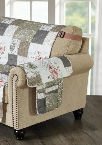 Non Slip Armchair Caddy for Sofa Recliner, Washable Remote Controls Holder, Storage for Magazine, Phone, iPad Brilliant Sunshine Pink Rose & Grey Toile Couch Armrest Organizer, 35"×13" B07X3Z4HYK