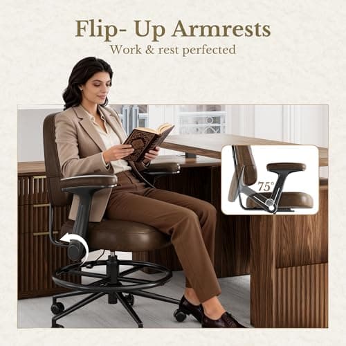 Drafting Executive Chair, Tall Office Chair with Padded Flip-Up Armrests, Mid-Back Cushioned Seat, 360° Swivel Rolling Computer Desk Chair for Standing Desk & Home Office, Vintage Brown