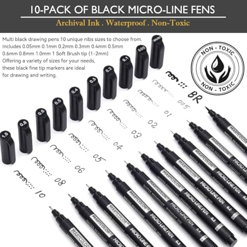 MARTCOLOR Micro Pen Fineliner Pens, 10 Size Fine Point Archival Black Ink Pens, Waterproof Multiliner Pen for Artist Illustration, Sketching, Art Drawing, Anime, Manga, DIY Gifts Projects