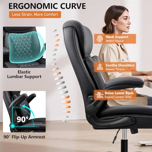 BESTFAIR Office Chair, Ergonomic Computer Desk Chairs with Lumbar Support for Lower Back Pain Relief, Executive Leather Home Chair Comfy with Padded Flip-up Armrests, Black