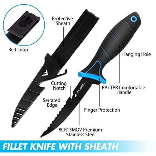 FLISSA Fillet Knife Set, Boning Knife & Bait Knives with Sharpener, Protective Sheath, Belt Clip, Non-Slip Handle, Portable Pouch & Corrosion Resistant Coating Blade, for Fresh or Saltwater (4-Piece)