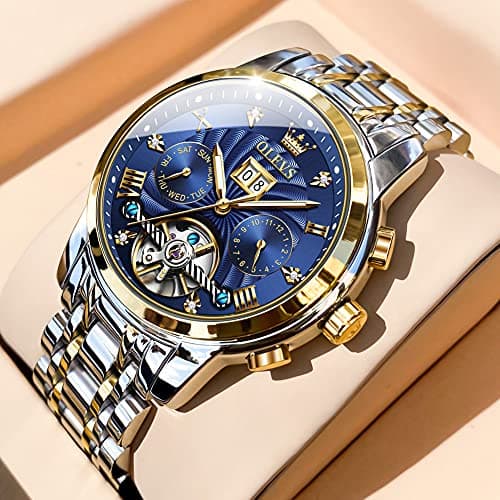 OLEVS Men Automatic Watch Skeleton 5 Hands Mechanical Classic Luxury Multi Calendar Stainless Steel Waterproof Wrist Watch for Men