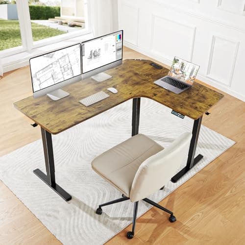 HUANUO 63″ L-Shaped Standing Desk, Built-in Power Outlets, Electric Height Adjustable Corner Computer Desk, Large Power Strip Holder, Sit Stand Up Desk with 3 Preset Heights, Vintage Brown