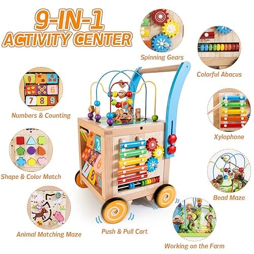 Wooden Baby Walker | Baby Push Walker with 9-in-1 Activity Cube, Sit to Stand Learning Walker Toy with Wheels for Boys Girls, Montessori Activity Center Walker, Adjustable Speed & Height