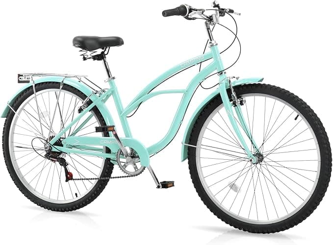 Women Bike, 26 Inch Beach Cruiser Bike, 7 Speed Commuter Bicycle with Ergonomic Upright Frame, Full Front & Rear Fenders (Green/Black/Red)