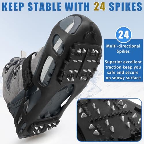JSHANMEI Ice Cleats, Crampons Snow Traction Ice Cleats for Shoes and Boots Women Men, Non Slip Grippers Spikes for Shoes with Straps, Slip-on Rubber Overshoe Stretch Footwear for Winter Walking Hiking Fishing