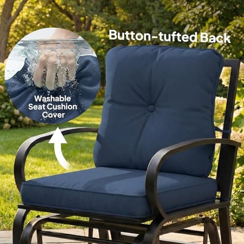 Outsunny Patio Glider, Outdoor Glider Chair with Cushions, Steel Frame, Curved Armrests, Single Gliding Chair for Yard, Porch, Garden, Poolside, Dark Blue