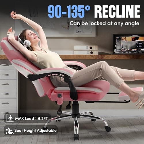 Massage Office Chair with Foot Rest,6-Point Vibration & Heat Executive Office Chairs,Ergonomic Computer Chair for Heavy People,Big and Tall Fabric Office Chair,Recliner with Padded Armrest,Pinkwhite