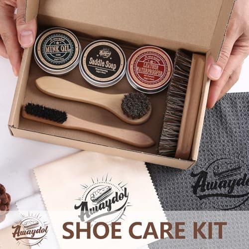 Awaydol 10 PCS Leather Care Kit - Horsehair Brushes,Saddle Soap,Waterproofing Wax,Mink Oil Conditioner,Polishing Cloth,Microfiber cloth,Boot Shoe Shine Cleaning Kit Gift for Men Cowboy Husband Dad 
