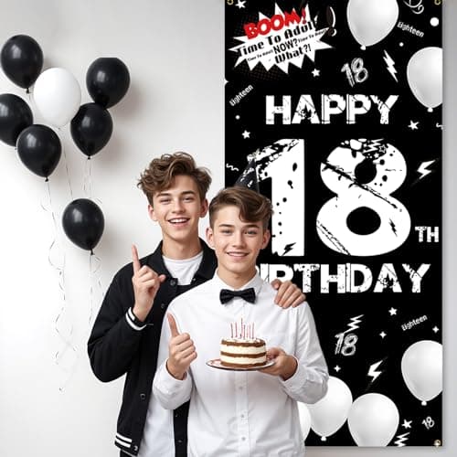 Fabric 18th Birthday Backdrop Banner Black White, Happy 18th Birthday Decoration for Men Women, 18 Year Old Birthday Party Yard Sign Photo Props Door Decor Supplies for Outdoor Indoor
