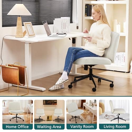 OLIXIS Criss Cross Chair with Wheels Wide Cross Legged Office Desk Vanity Chair Comfy Fabric Armless Adjustable Swivel for Home Computer Task PU Beige